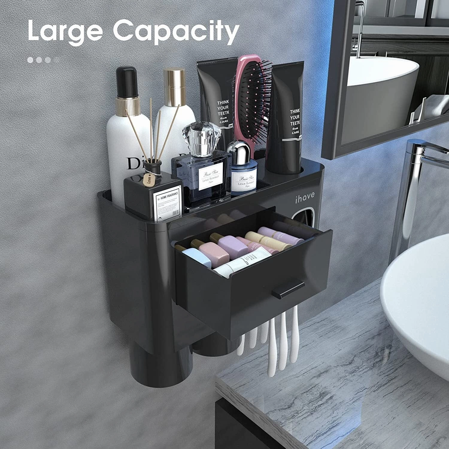 Toothbrush Holder Wall Mounted with Toothpaste Dispenser,Cosmetic Drawer