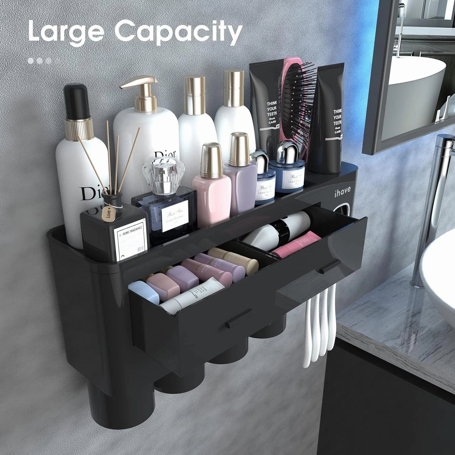Toothbrush Holder Wall Mounted with Toothpaste Dispenser,Cosmetic Drawer