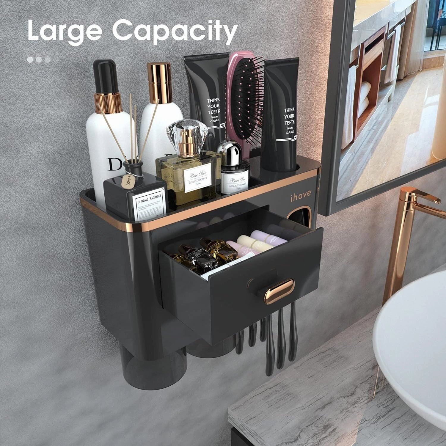 Toothbrush Holder Wall Mounted with Toothpaste Dispenser,Cosmetic Drawer