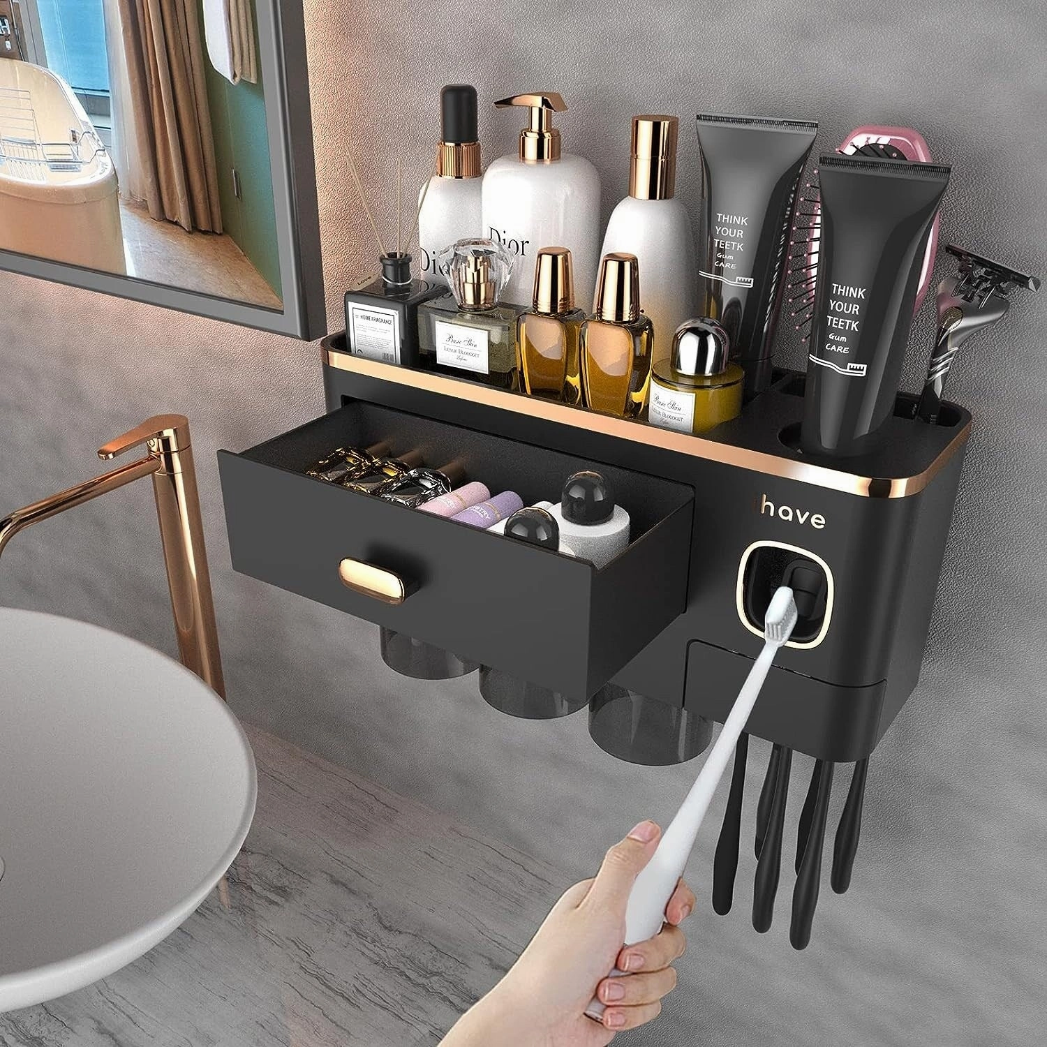 Toothbrush Holder Wall Mounted with Toothpaste Dispenser,Cosmetic Drawer