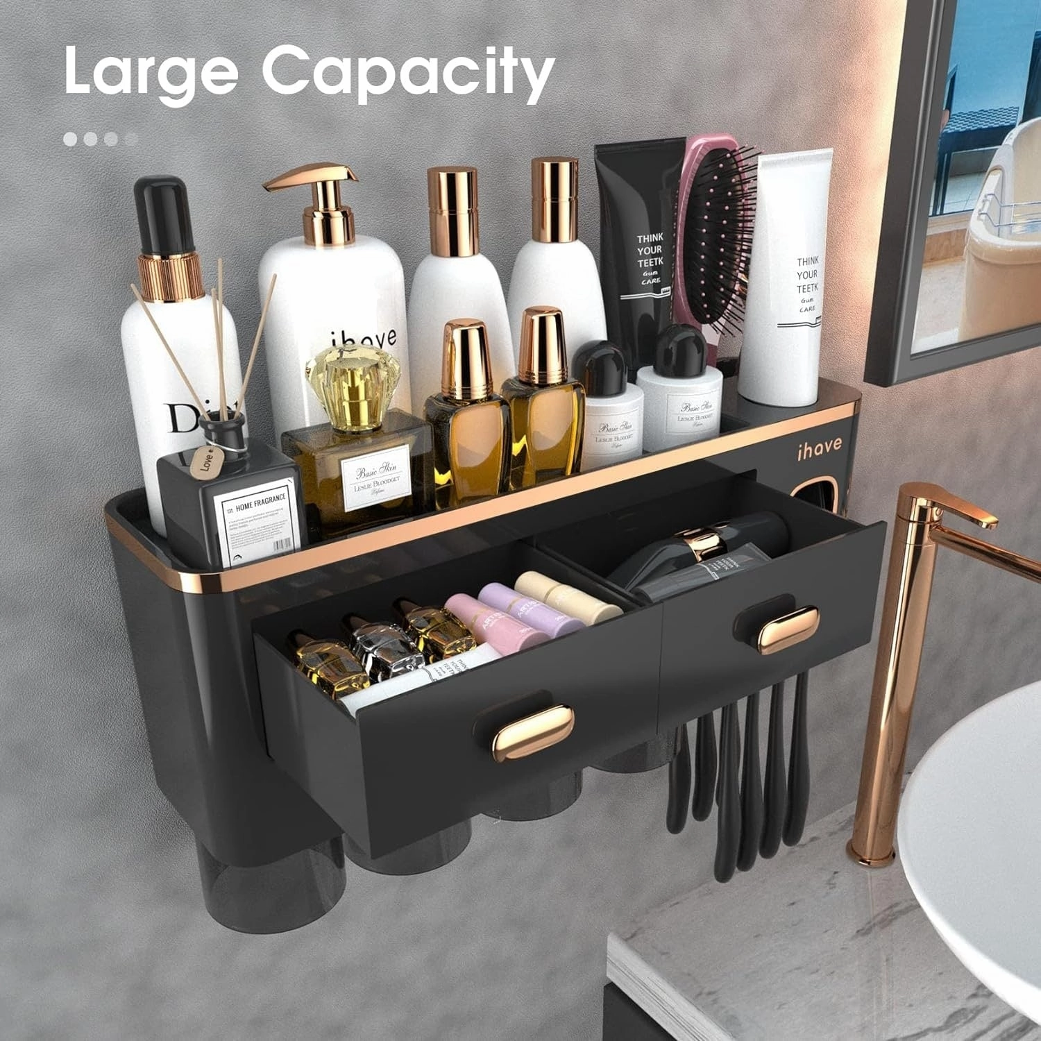 Toothbrush Holder Wall Mounted with Toothpaste Dispenser,Cosmetic Drawer