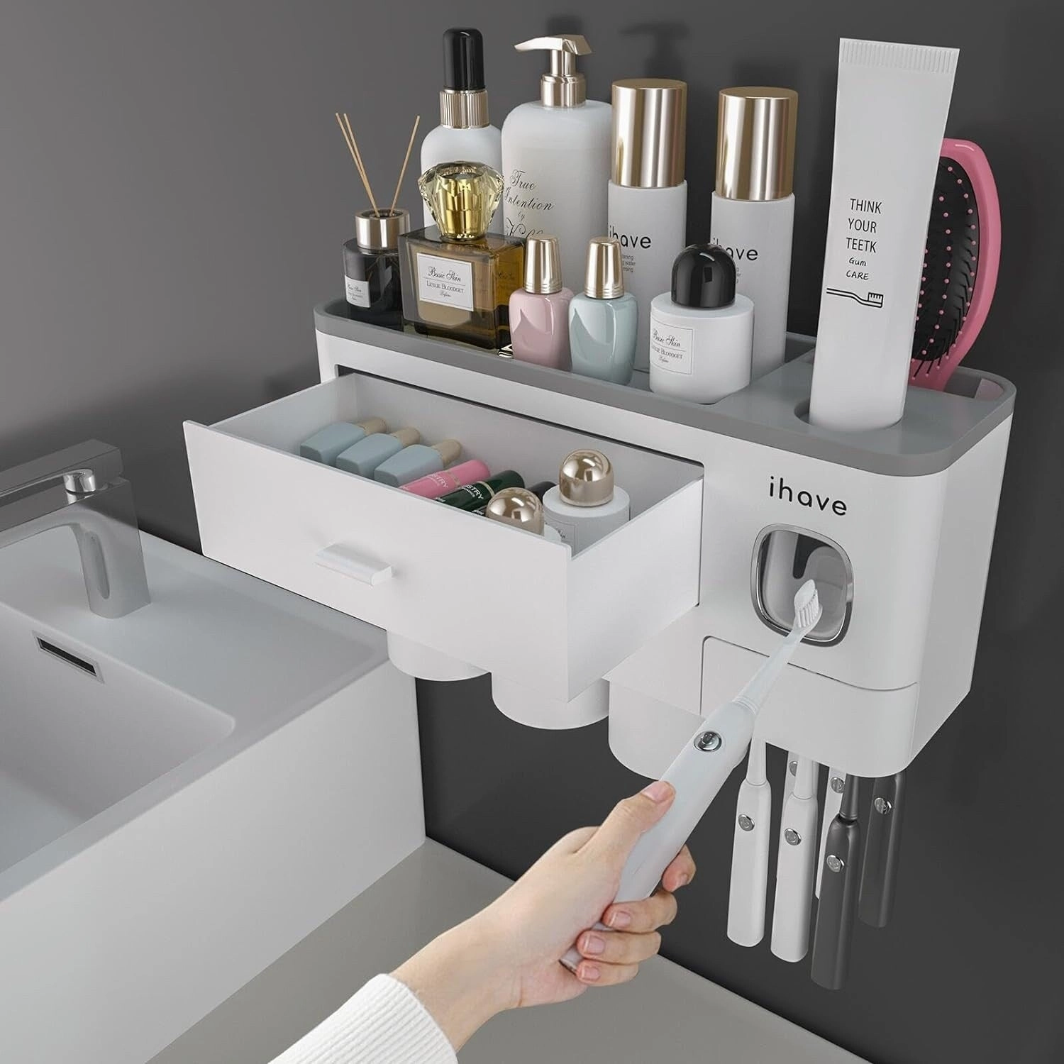 Toothbrush Holder Wall Mounted with Toothpaste Dispenser,Cosmetic Drawer