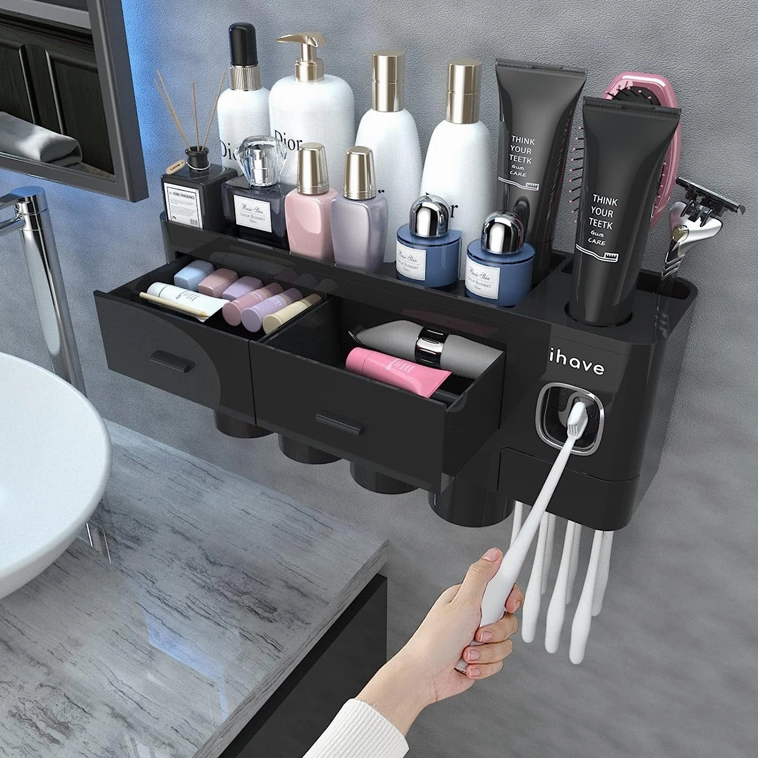 Toothbrush Holder Wall Mounted with Toothpaste Dispenser,Cosmetic Drawer