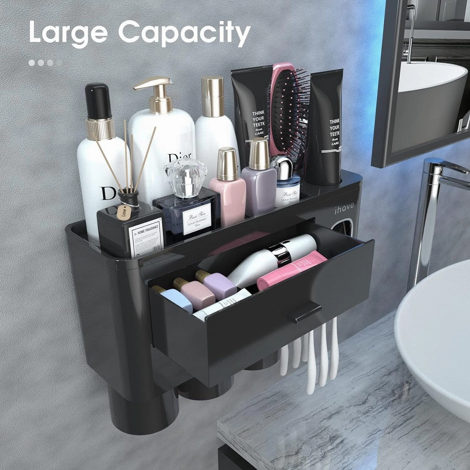 Toothbrush Holder Wall Mounted with Toothpaste Dispenser,Cosmetic Drawer