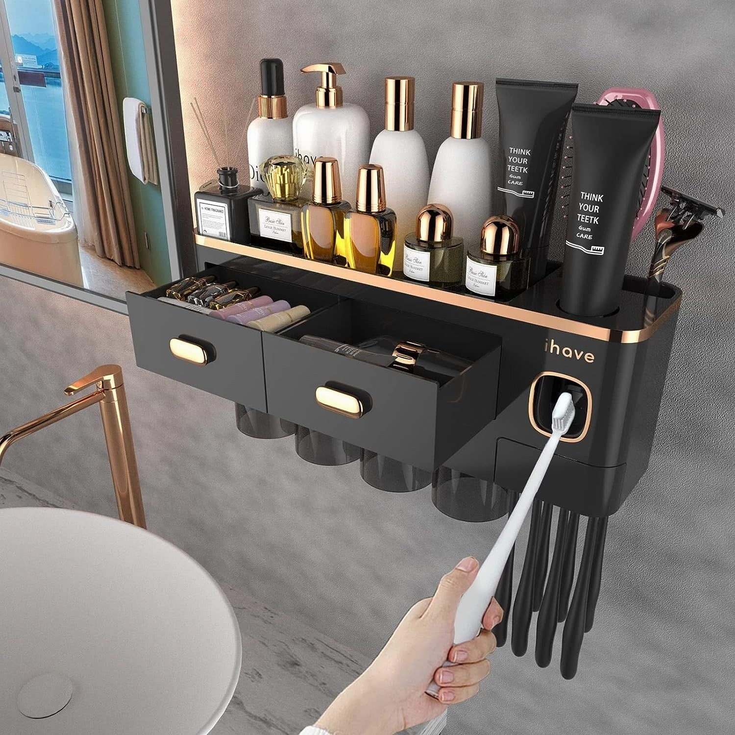 Toothbrush Holder Wall Mounted with Toothpaste Dispenser,Cosmetic Drawer