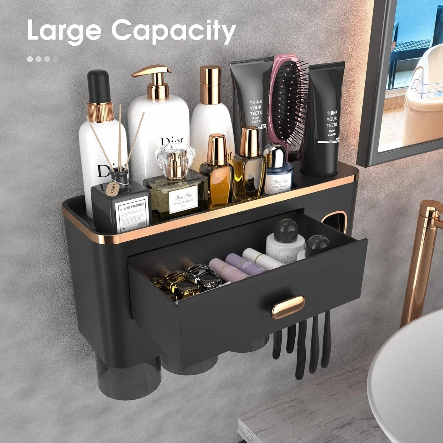 Toothbrush Holder Wall Mounted with Toothpaste Dispenser,Cosmetic Drawer