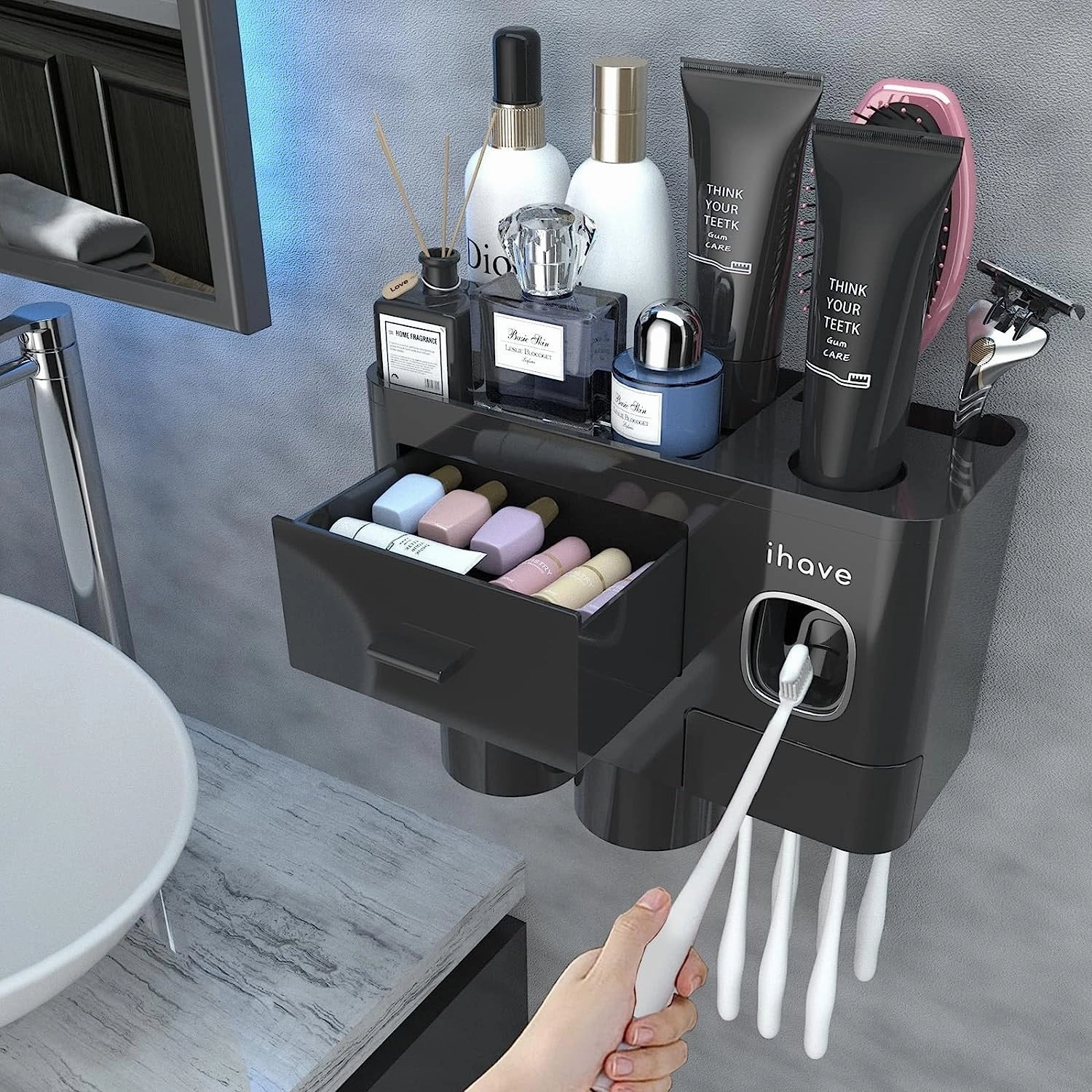 Toothbrush Holder Wall Mounted with Toothpaste Dispenser,Cosmetic Drawer