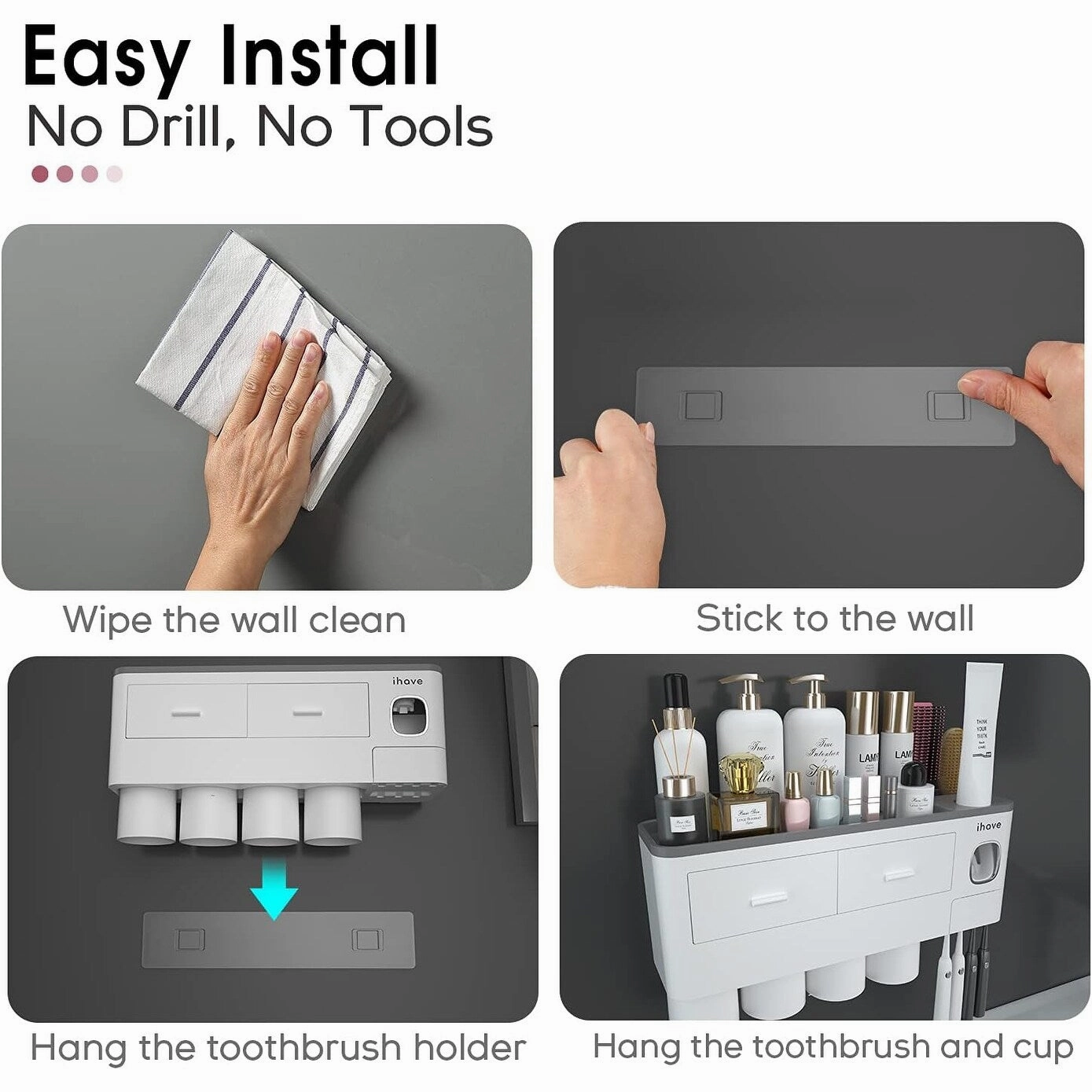 Toothbrush Holder Wall Mounted with Toothpaste Dispenser,Cosmetic Drawer