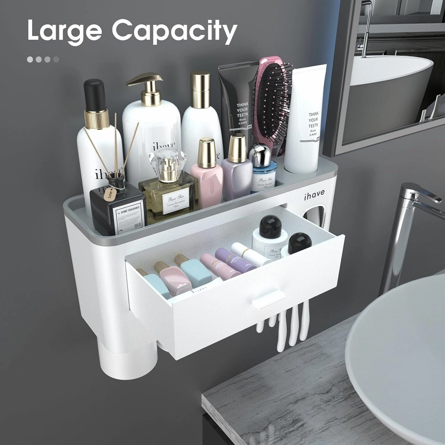 Toothbrush Holder Wall Mounted with Toothpaste Dispenser,Cosmetic Drawer