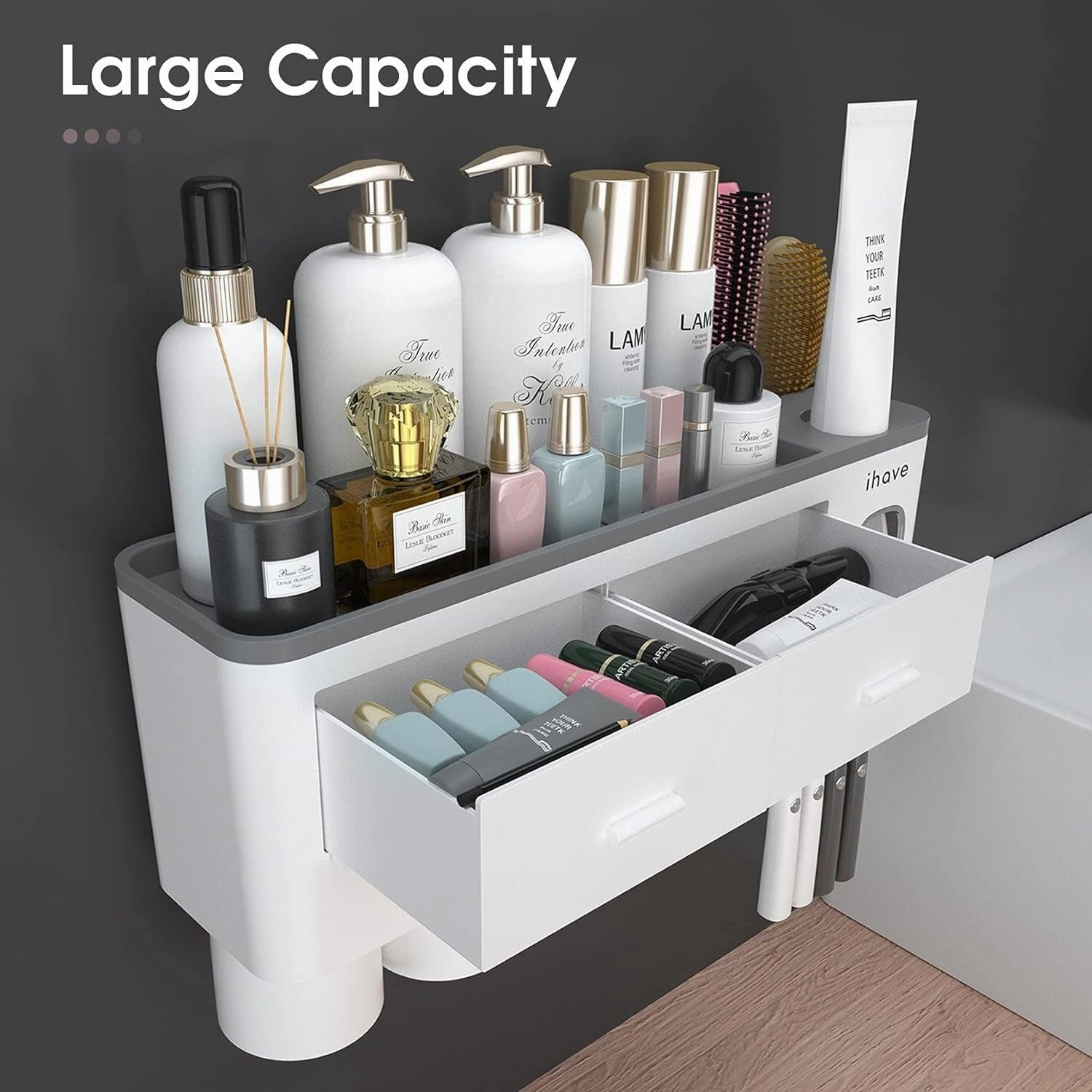 Toothbrush Holder Wall Mounted with Toothpaste Dispenser,Cosmetic Drawer