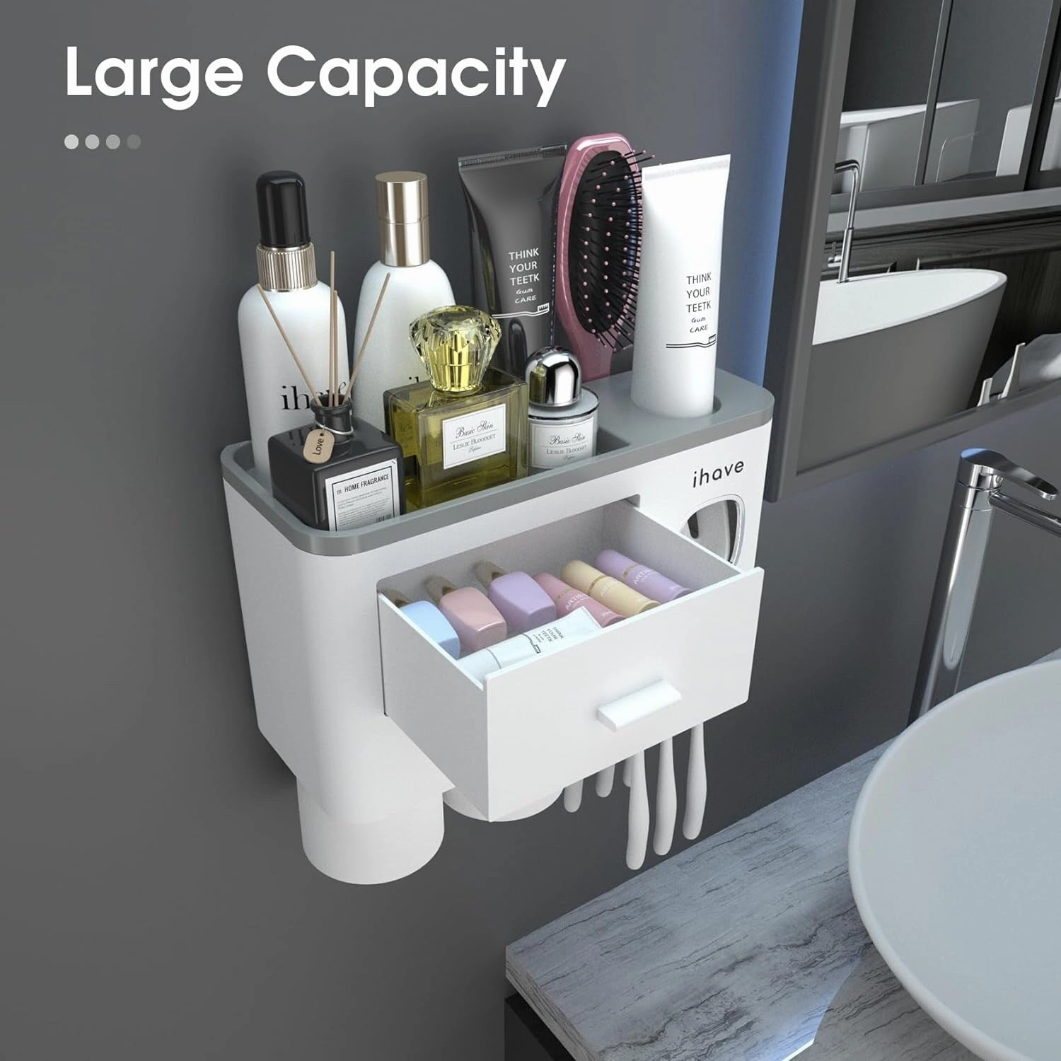 Toothbrush Holder Wall Mounted with Toothpaste Dispenser,Cosmetic Drawer
