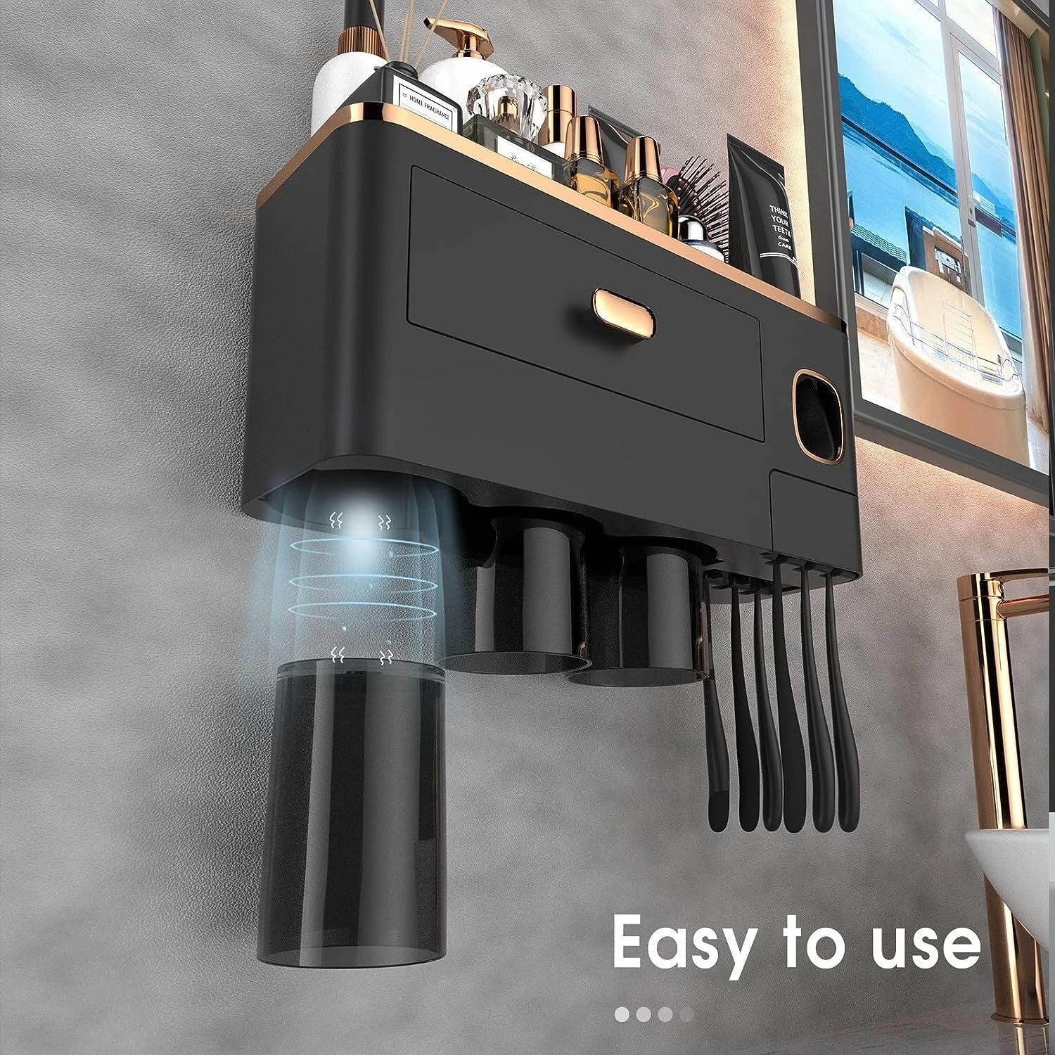 Toothbrush Holder Wall Mounted with Toothpaste Dispenser,Cosmetic Drawer