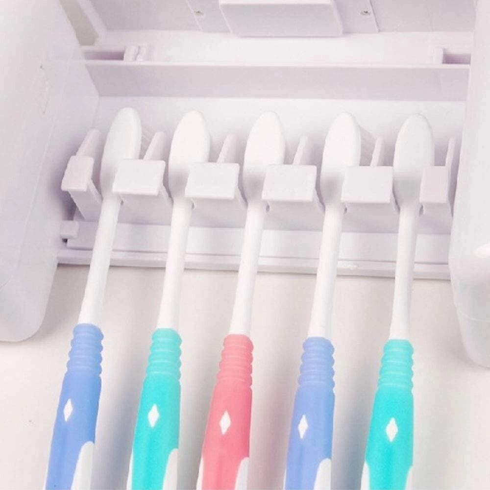 Toothbrush Holder Wrewing Automatic Toothpaste Dispenser 5 Toothbrush Slots 2 Toothpaste Squeezers - White