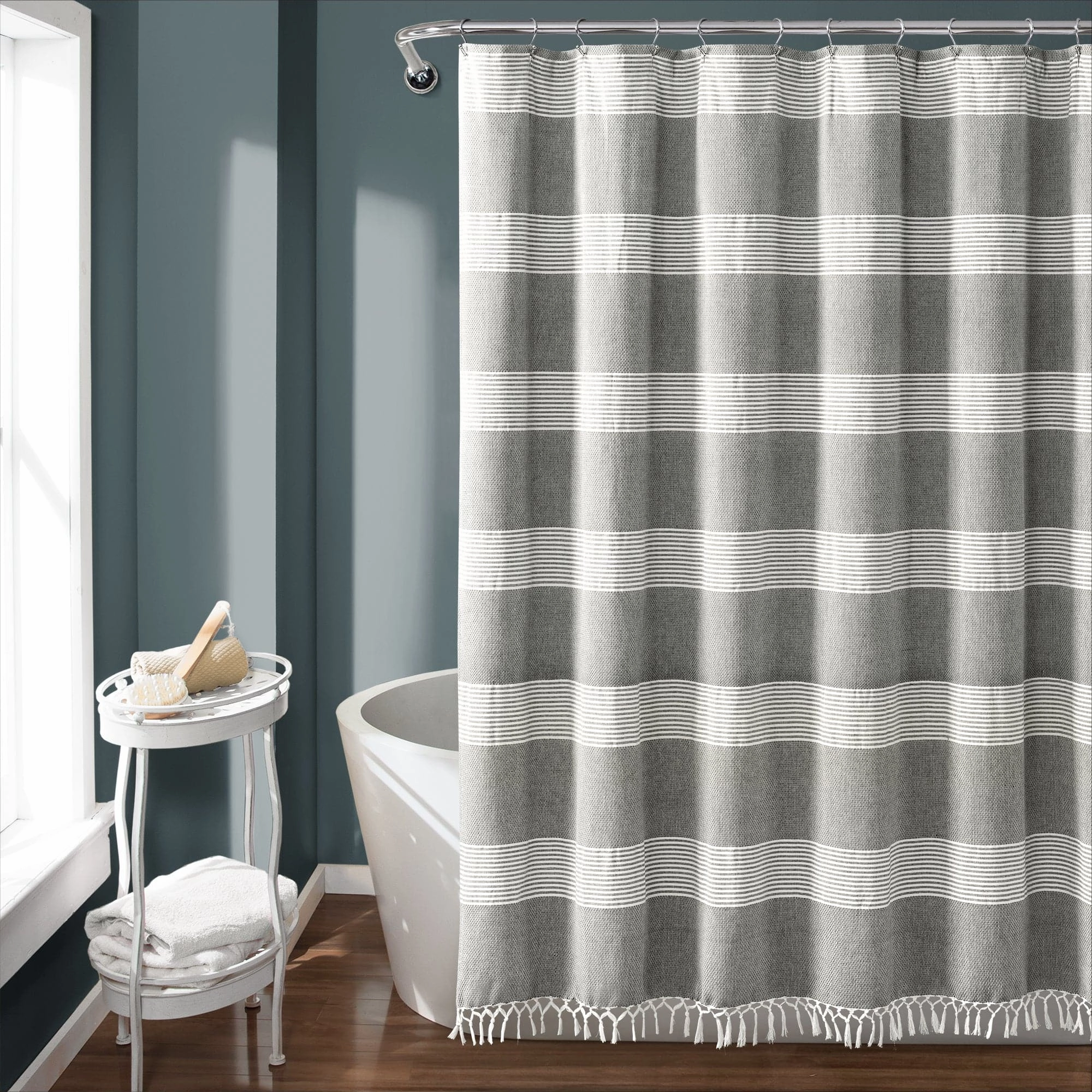Tucker Stripe Yarn Dyed Knotted Tassel Shower Curtain shower curtain,bath curtain,bathroom decor