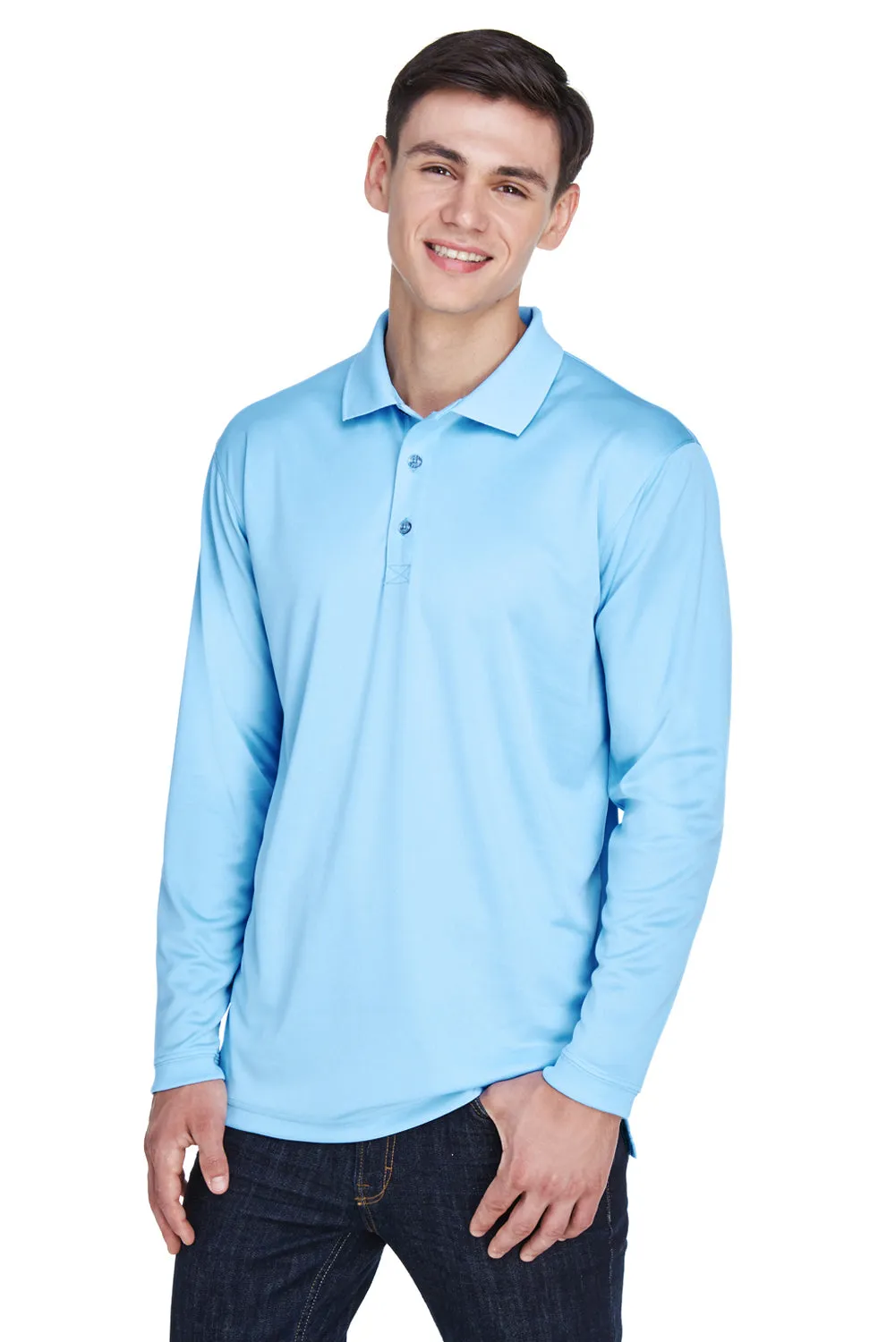 UltraClub Mens Cool & Dry Moisture Wicking Long Sleeve Polo Shirt - Columbia Blue Clothing Ultraclub