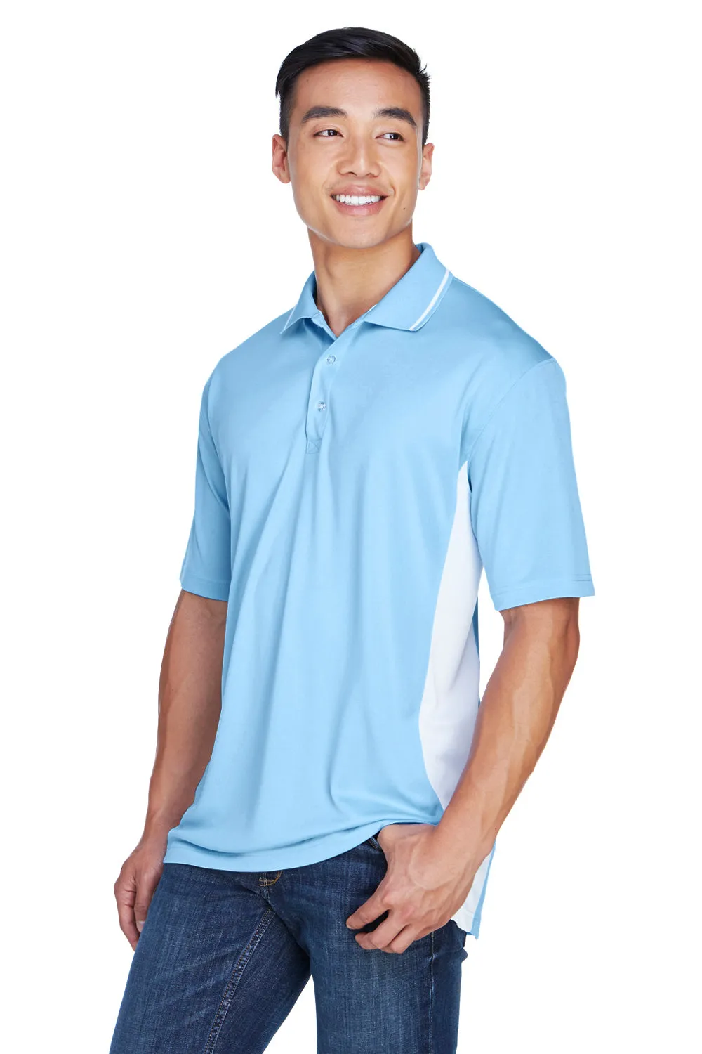 UltraClub Mens Cool & Dry Moisture Wicking Short Sleeve Polo Shirt - Columbia Blue/White Clothing Ultraclub
