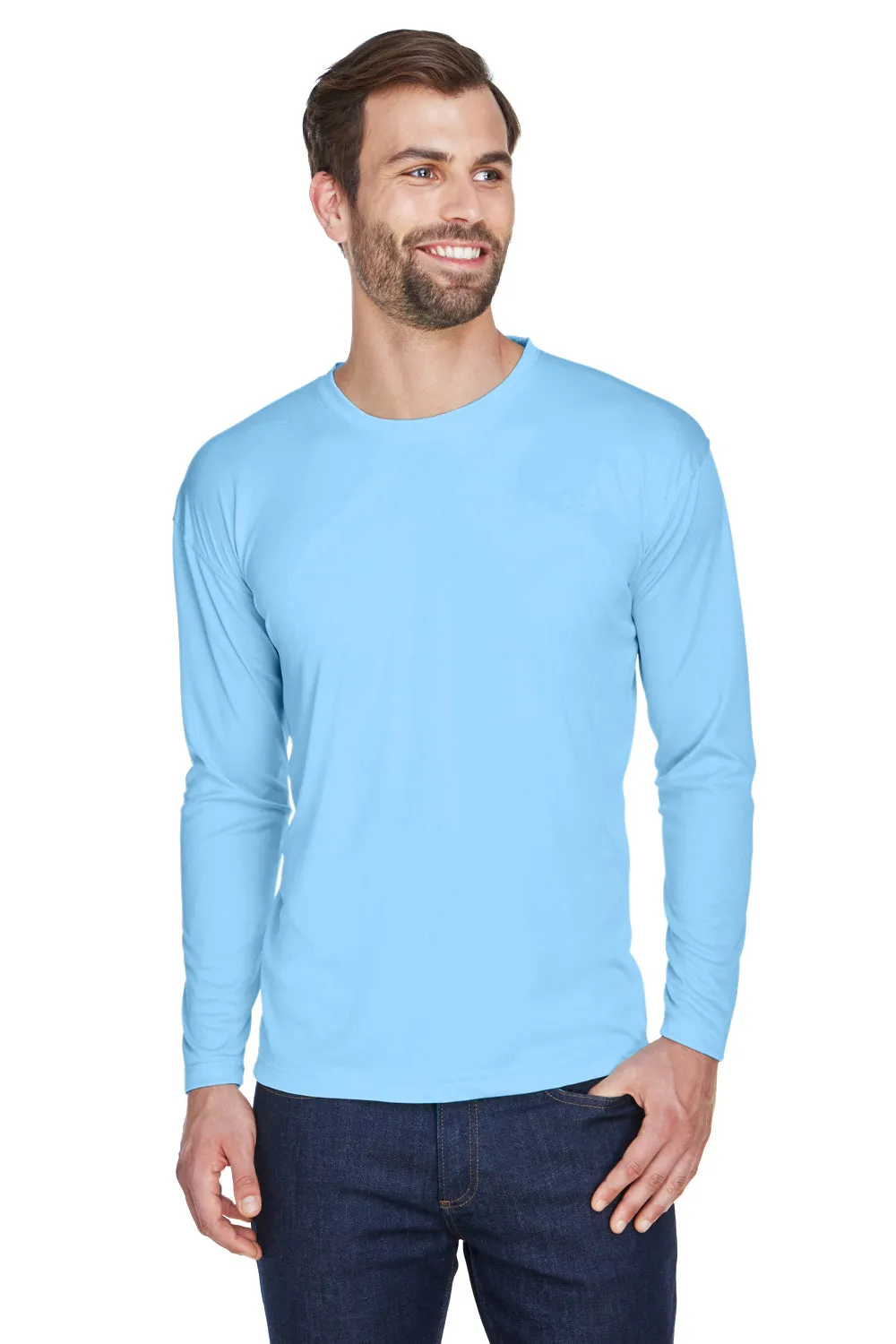 UltraClub Mens Cool & Dry Performance Moisture Wicking Long Sleeve Crewneck T-Shirt - Columbia Blue Clothing Ultraclub