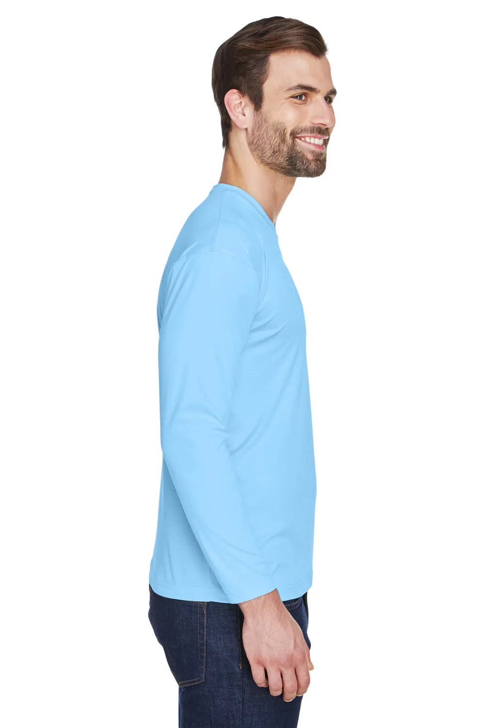 UltraClub Mens Cool & Dry Performance Moisture Wicking Long Sleeve Crewneck T-Shirt - Columbia Blue Clothing Ultraclub
