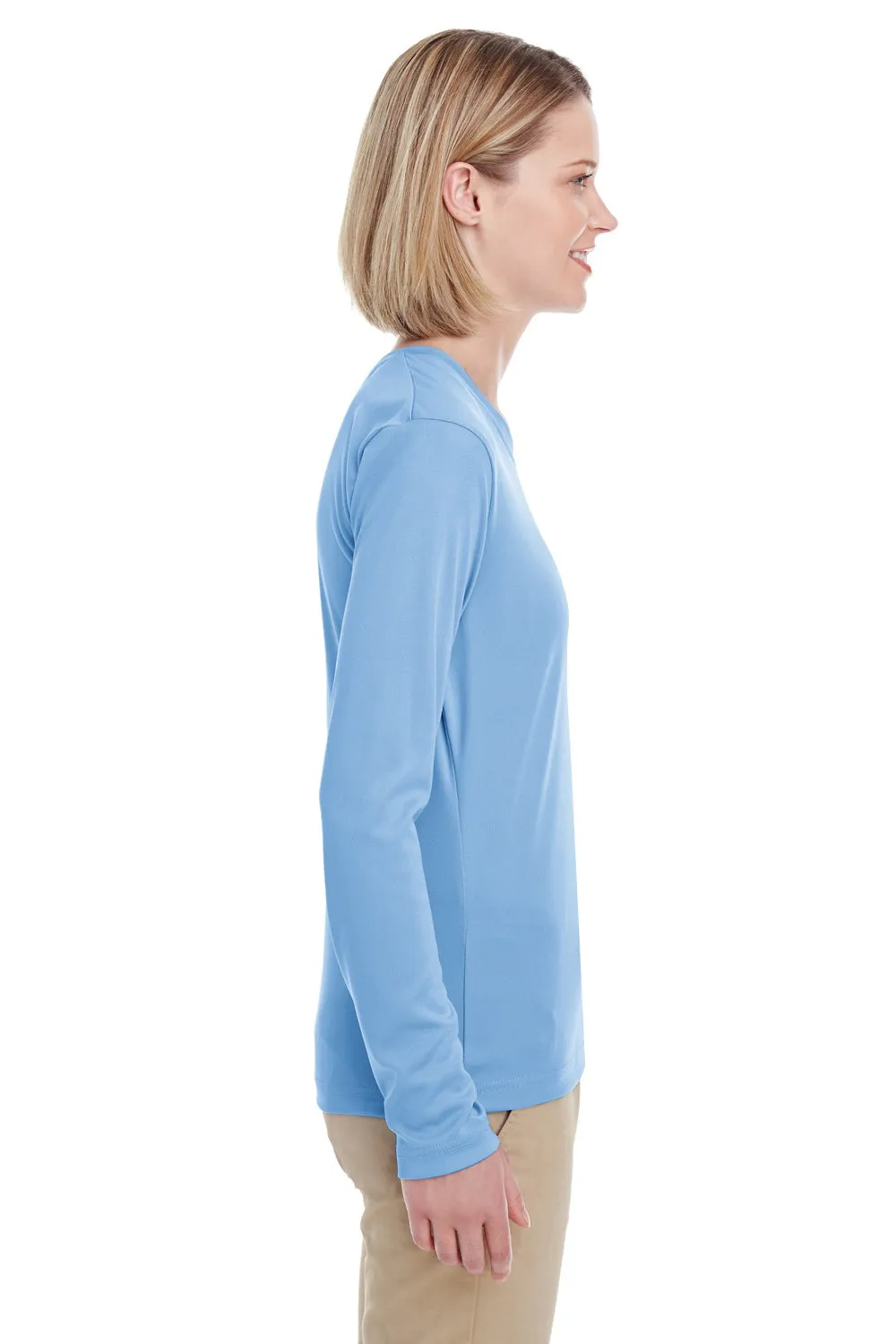 UltraClub Womens Cool & Dry Performance Moisture Wicking Long Sleeve Crewneck T-Shirt - Columbia Blue Clothing Ultraclub