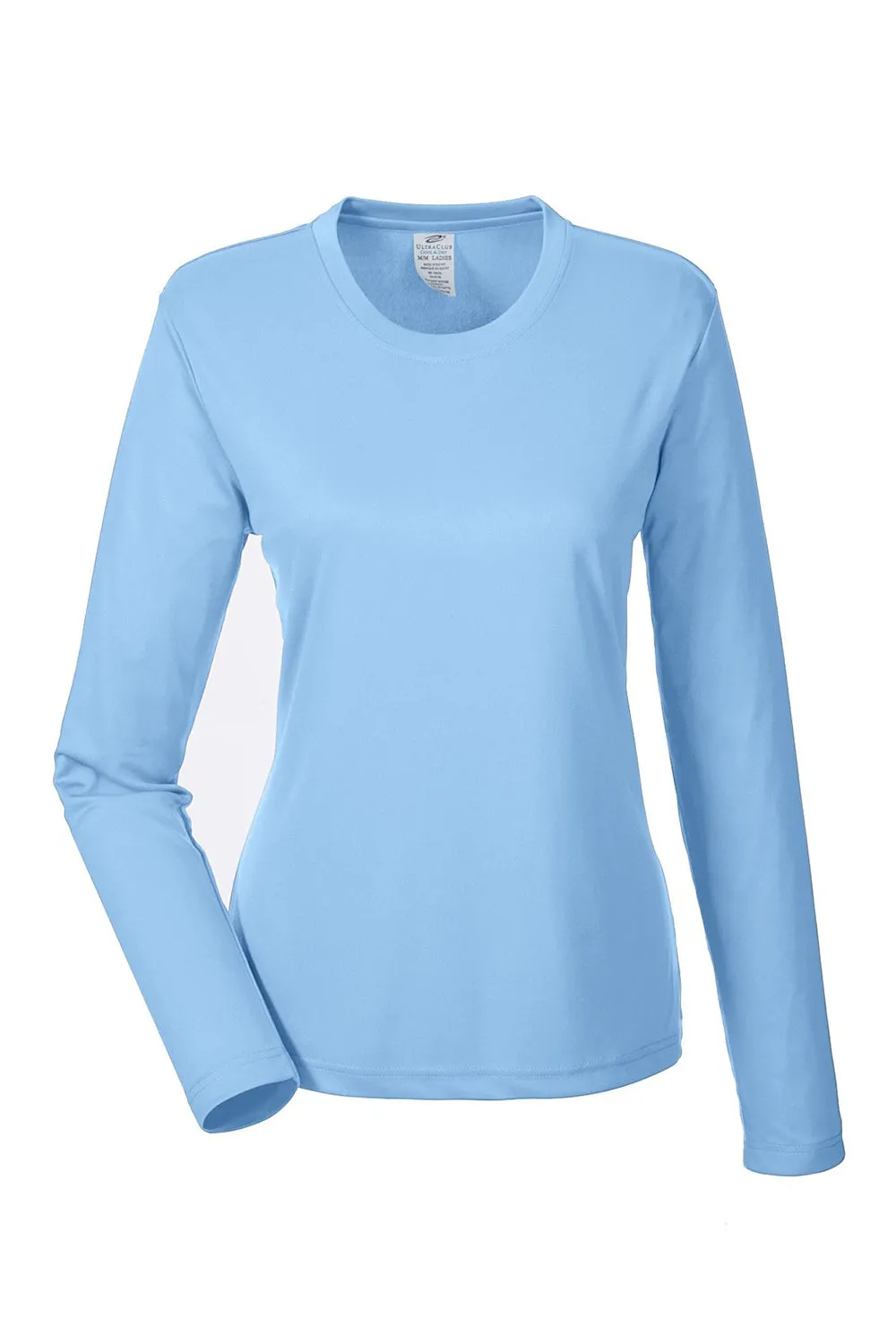 UltraClub Womens Cool & Dry Performance Moisture Wicking Long Sleeve Crewneck T-Shirt - Columbia Blue Clothing Ultraclub