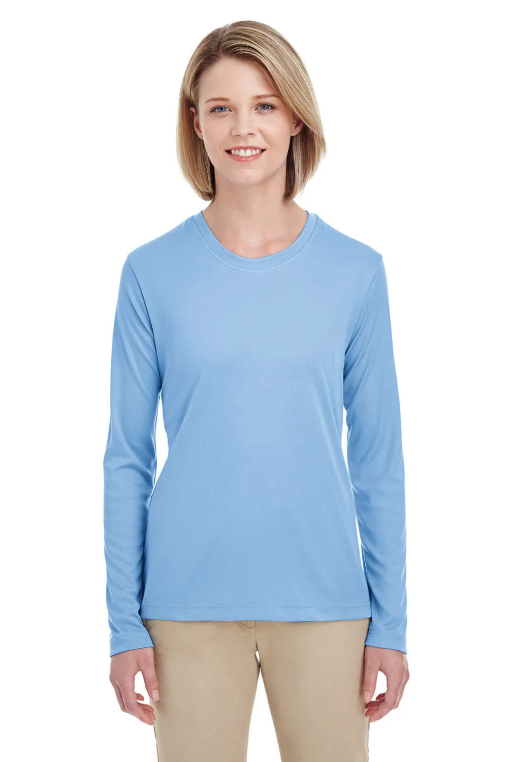 UltraClub Womens Cool & Dry Performance Moisture Wicking Long Sleeve Crewneck T-Shirt - Columbia Blue Clothing Ultraclub