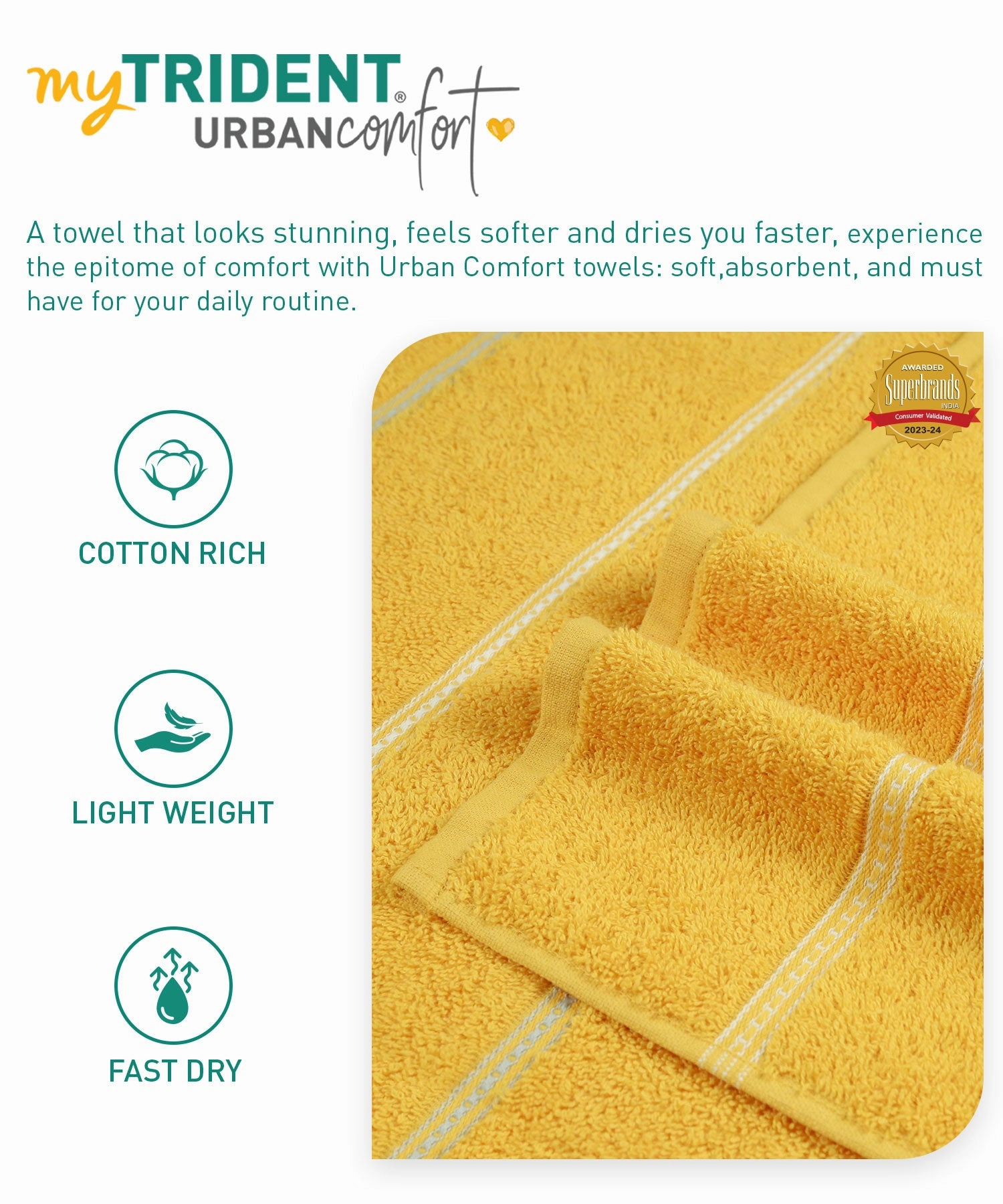 Urban Comfort 100% Cotton Bath Towel, Durable, Light Weight, Dry Fast, Drama Yellow