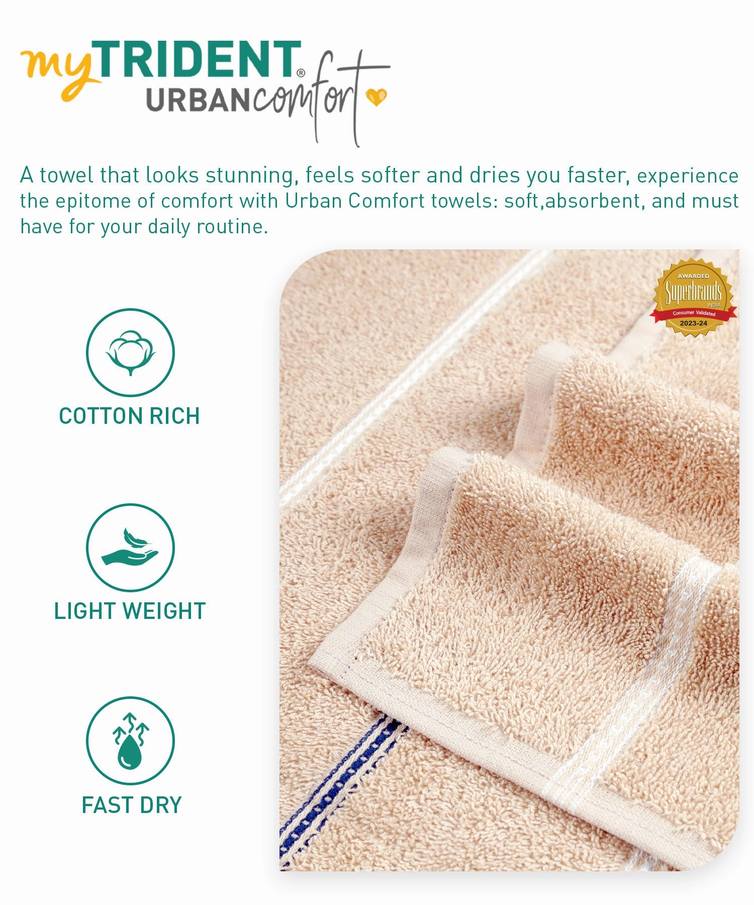 Urban Comfort 100% Cotton Bath Towel, Durable, Light Weight, Dry Fast, Hexa Brown