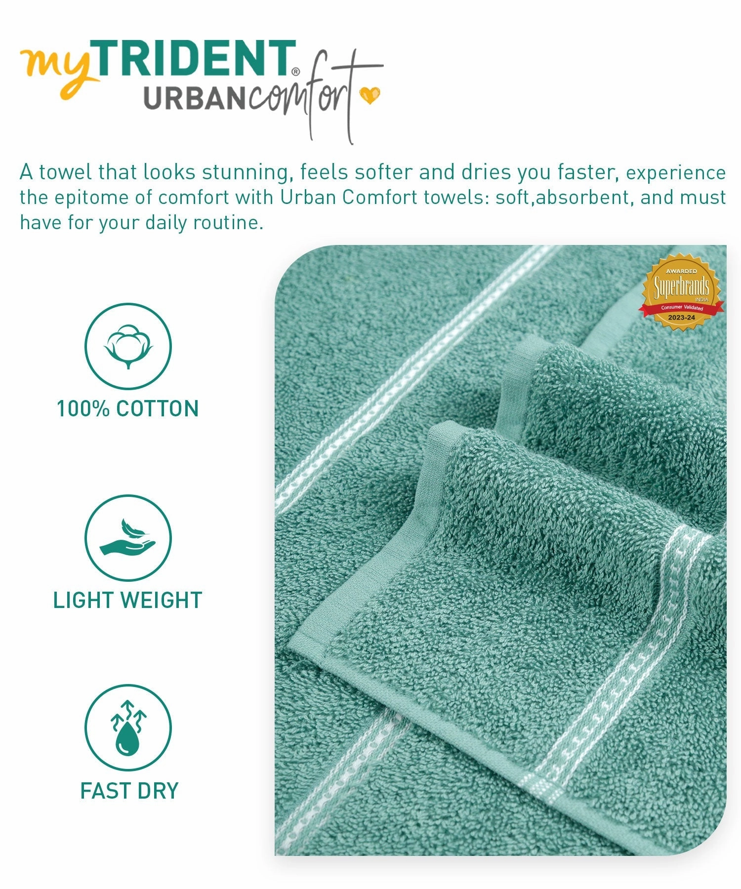 Urban Comfort 100% Cotton Bath Towel, Durable, Light Weight, Dry Fast, Shell Green