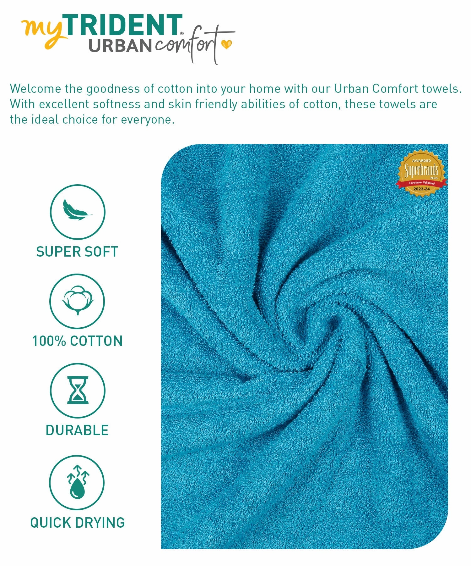 Urban Comfort, 450 GSM, Bath Towel, Teal Sachet