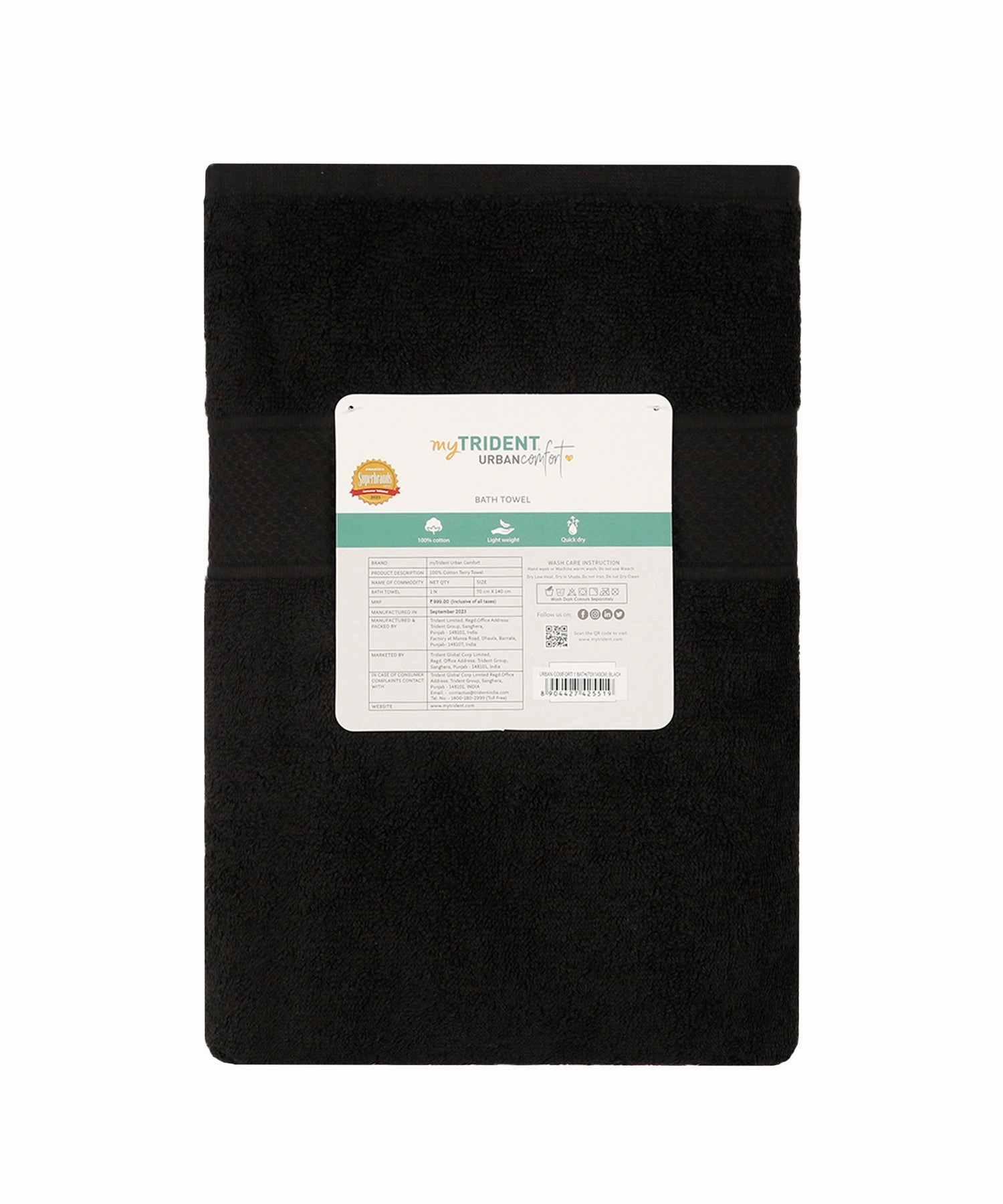 Urban Comfort Black Small Towel, 100% Cotton, Durable, Light Weight, Dry Fast