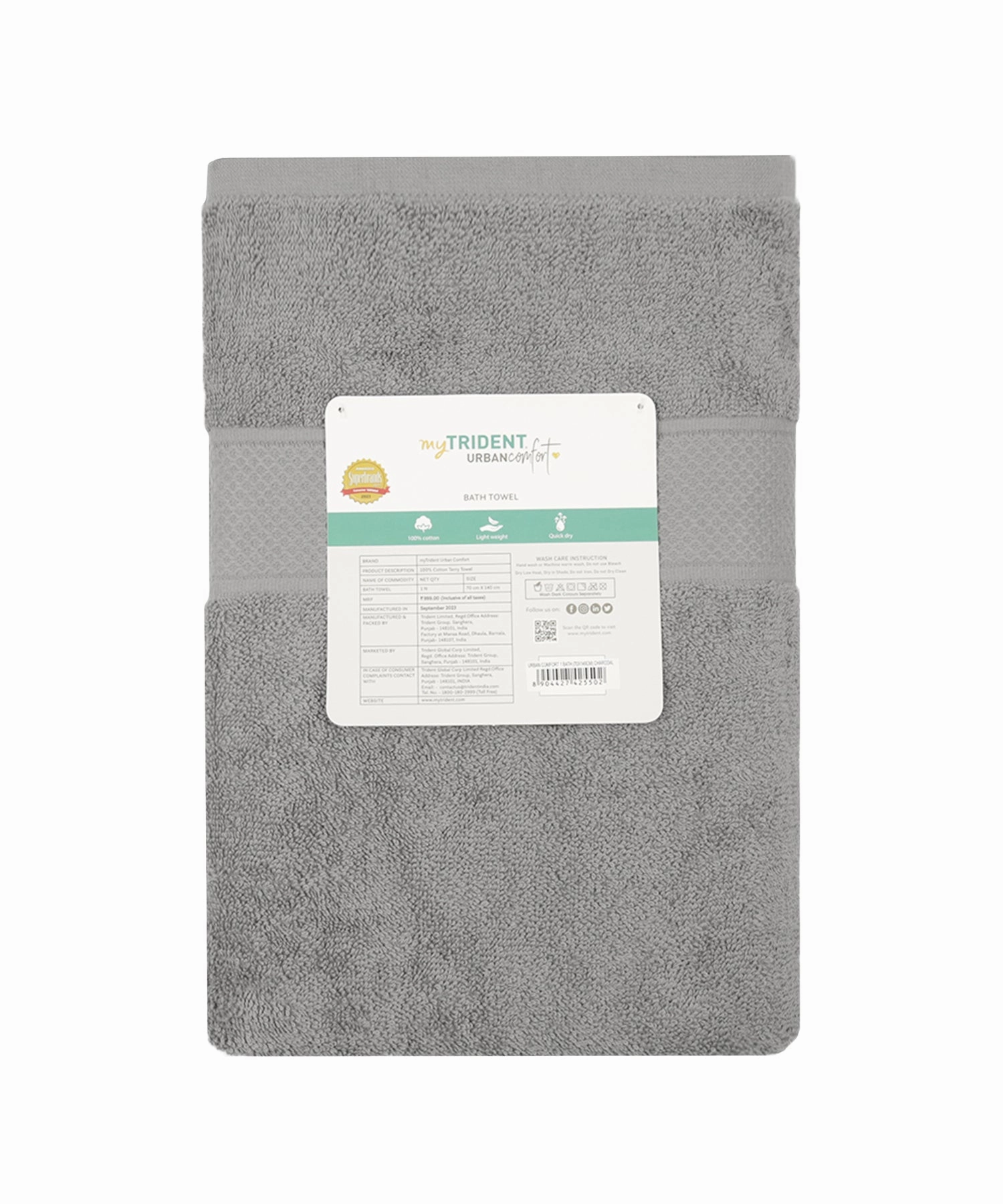 Urban Comfort Charcoal Small Towel, 100% Cotton, Durable, Light Weight, Dry Fast
