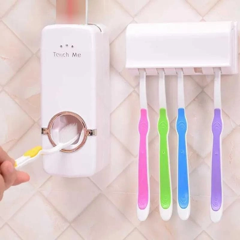Wall-Mount Toothpaste Dispenser and 5 Toothbrush Holder Set - White