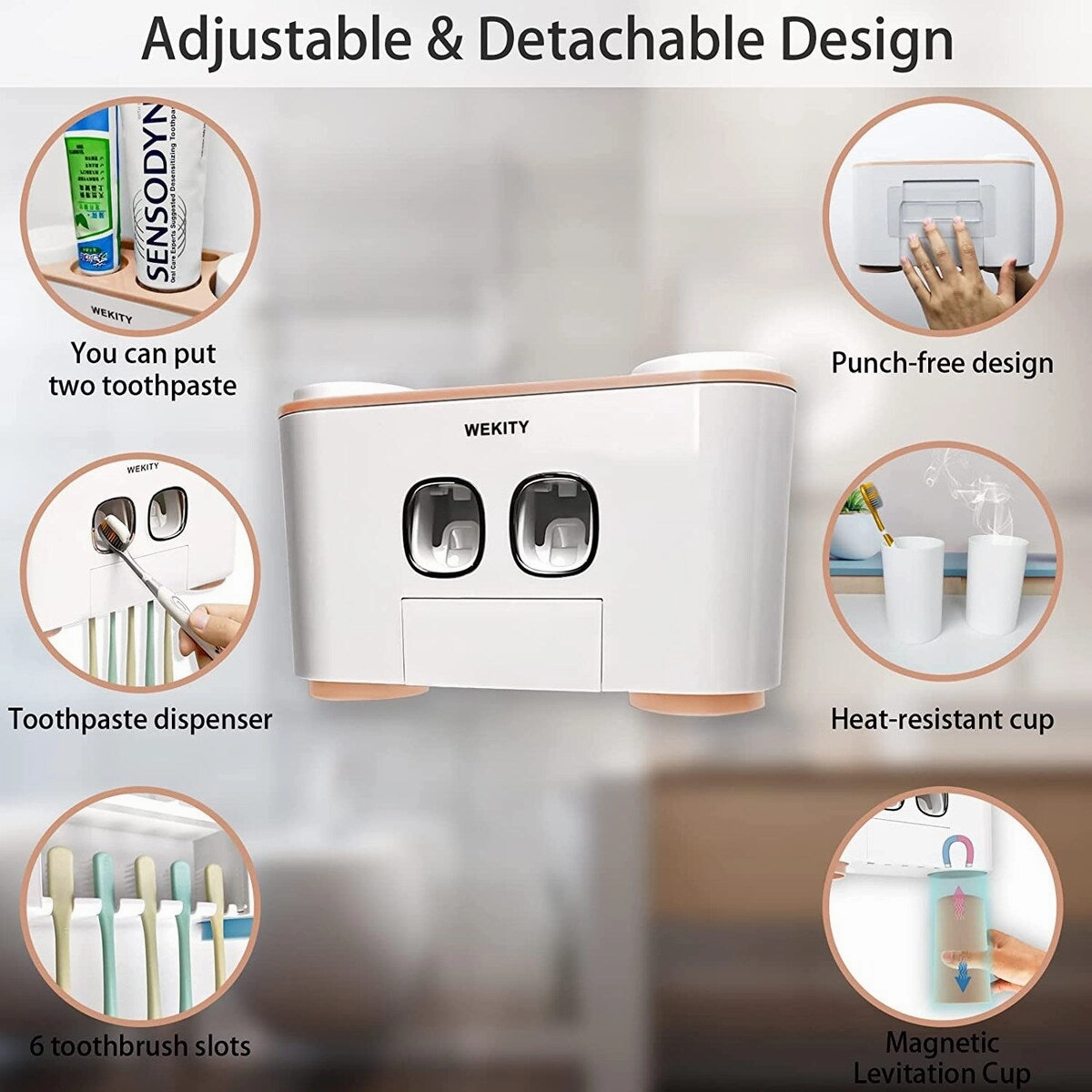 Wall Mounted Multifunctional Toothbrush And Toothpaste Dispenser With 5 Toothbrush Slots - Pink