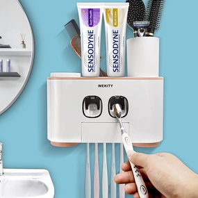 Wall Mounted Multifunctional Toothbrush And Toothpaste Dispenser With 5 Toothbrush Slots - Pink toothbrush holder,bathroom cup,bathroom organizer