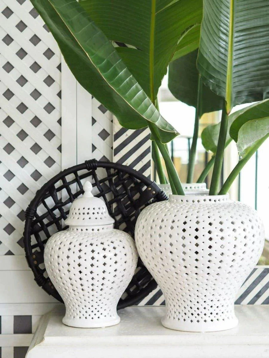 White Lattice Porcelain Lidded Ginger Jar