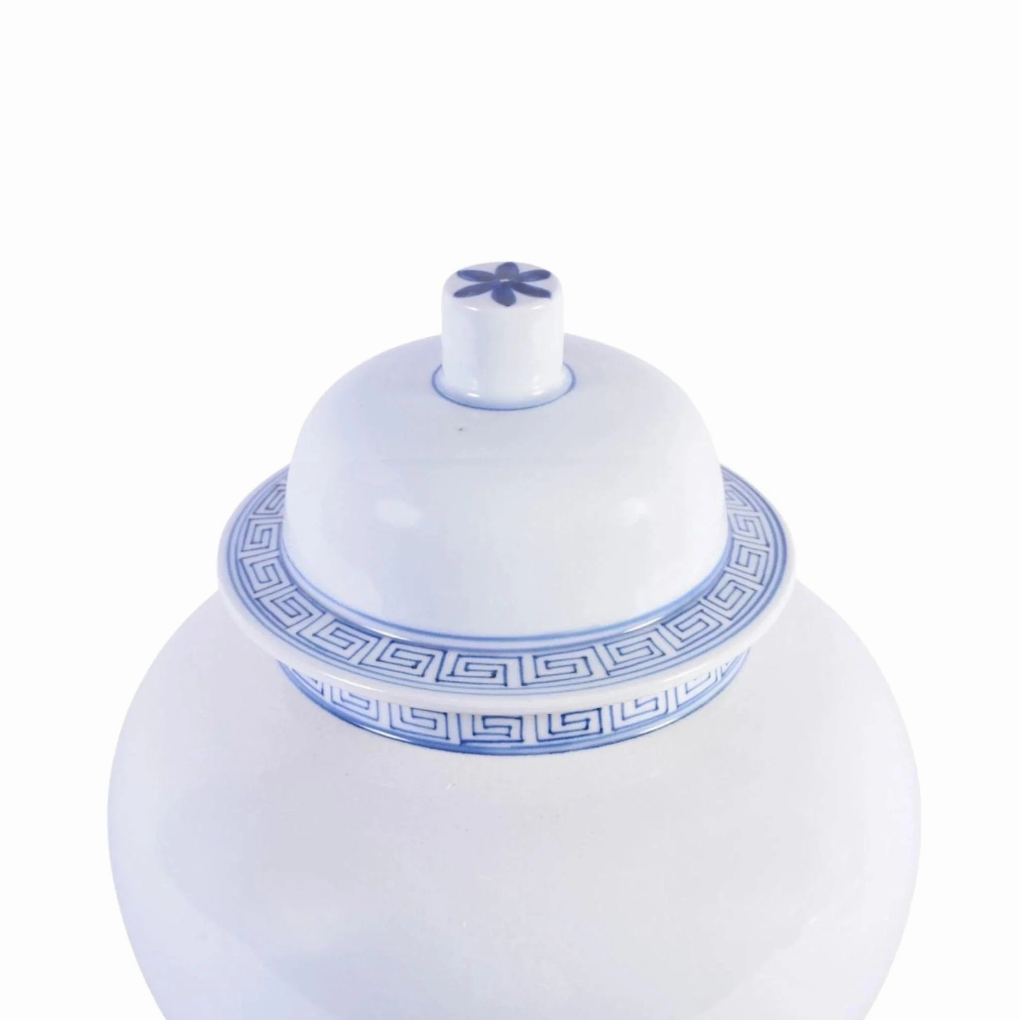White Porcelain Temple Jar With Blue Greek Key Trim