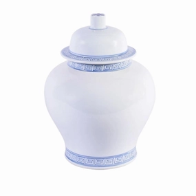 White Porcelain Temple Jar With Blue Greek Key Trim vase,flower vase,home decoration