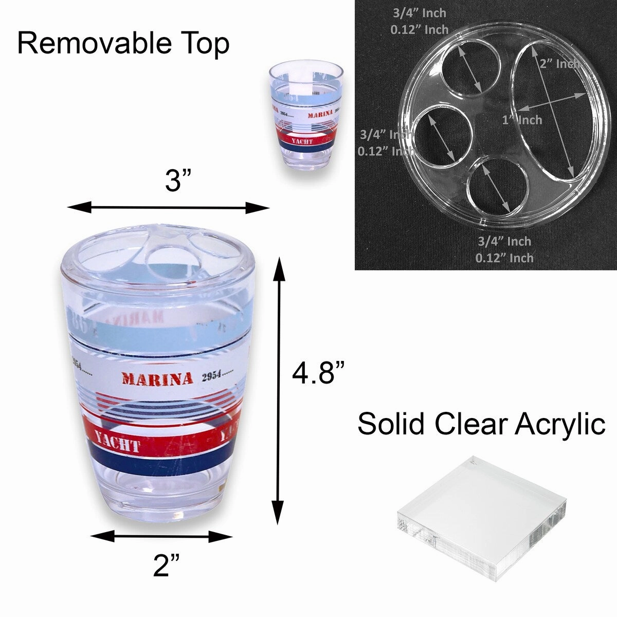 Yacht Club Clear Toothbrush Holder Stand for Bathroom Vanity Countertop - White,Blue,Red,Light Blue - 3" L x 3" W x 4.8" H