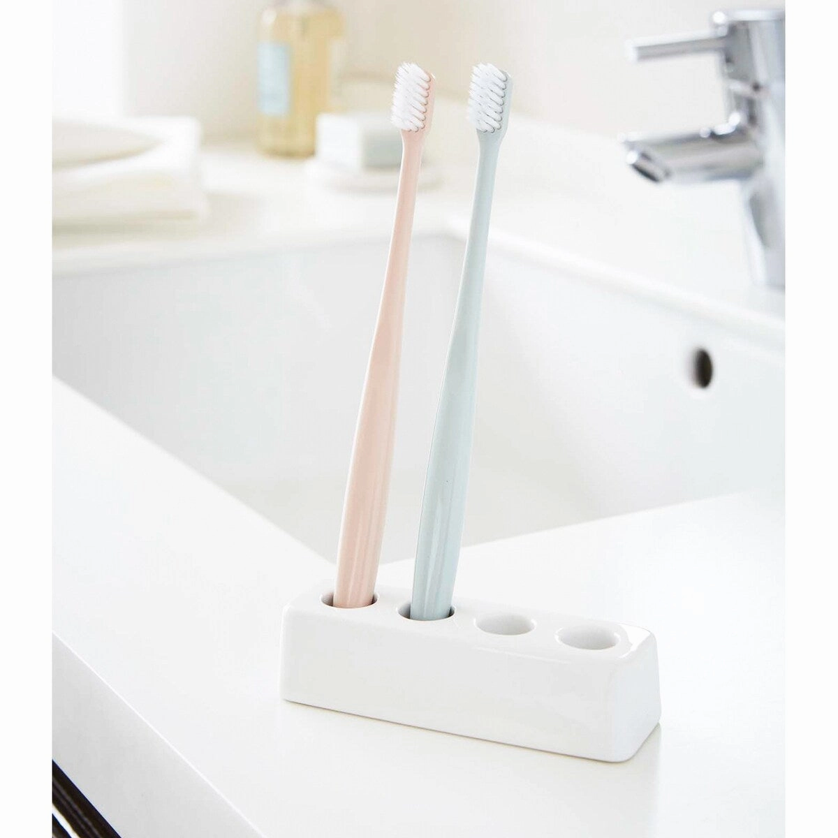 Yamazaki Home Ceramic Toothbrush Stand, Ceramic - White - L 1.38 x W 4.33 x H 0.98 inches