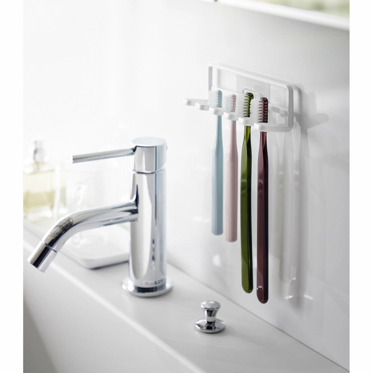 Yamazaki Home Traceless Adhesive Toothbrush Holder, Steel, Holds 0.55 lbs - L 1.38 x W 4.92 x H 1.57 inches