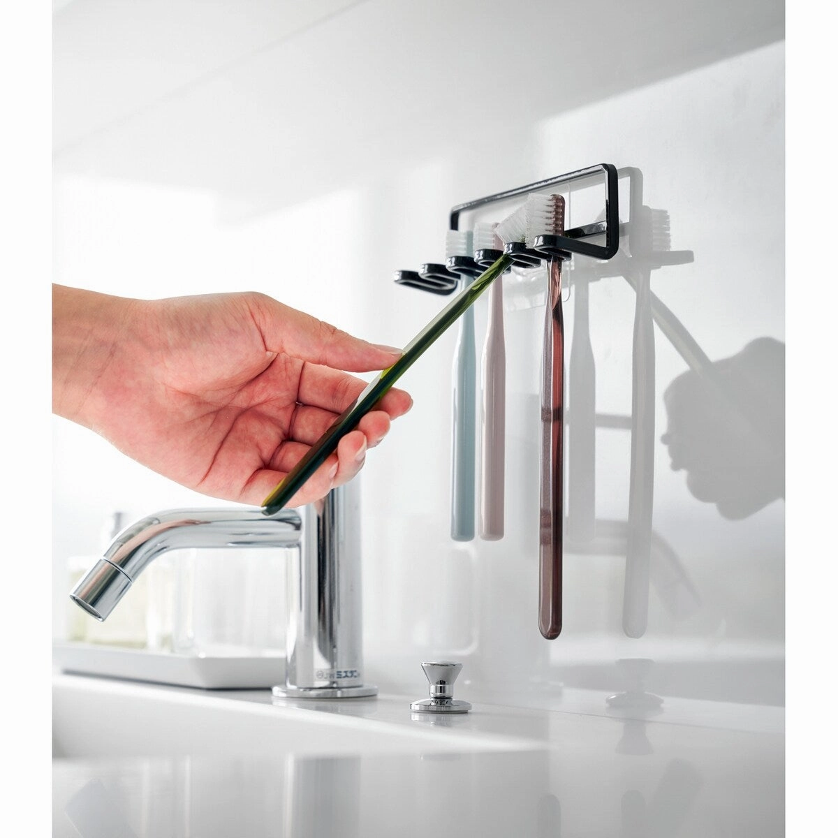 Yamazaki Home Traceless Adhesive Toothbrush Holder, Steel, Holds 0.55 lbs - L 1.38 x W 4.92 x H 1.57 inches