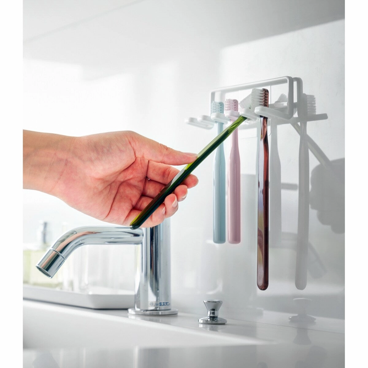 Yamazaki Home Traceless Adhesive Toothbrush Holder, Steel, Holds 0.55 lbs - L 1.38 x W 4.92 x H 1.57 inches
