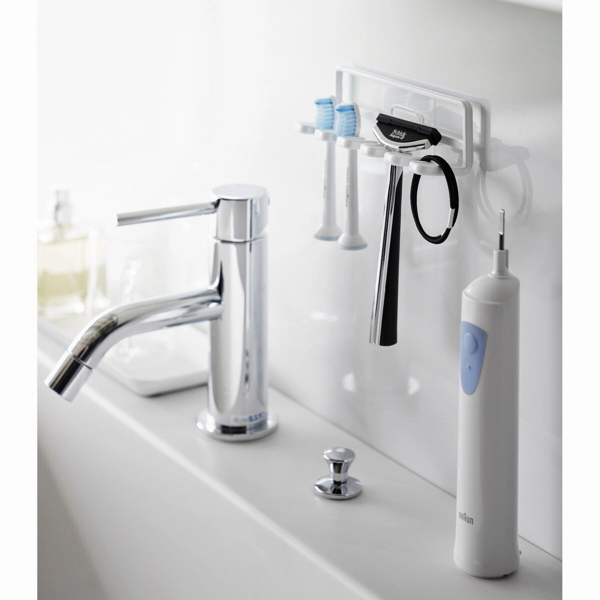 Yamazaki Home Traceless Adhesive Toothbrush Holder, Steel, Holds 0.55 lbs - L 1.38 x W 4.92 x H 1.57 inches