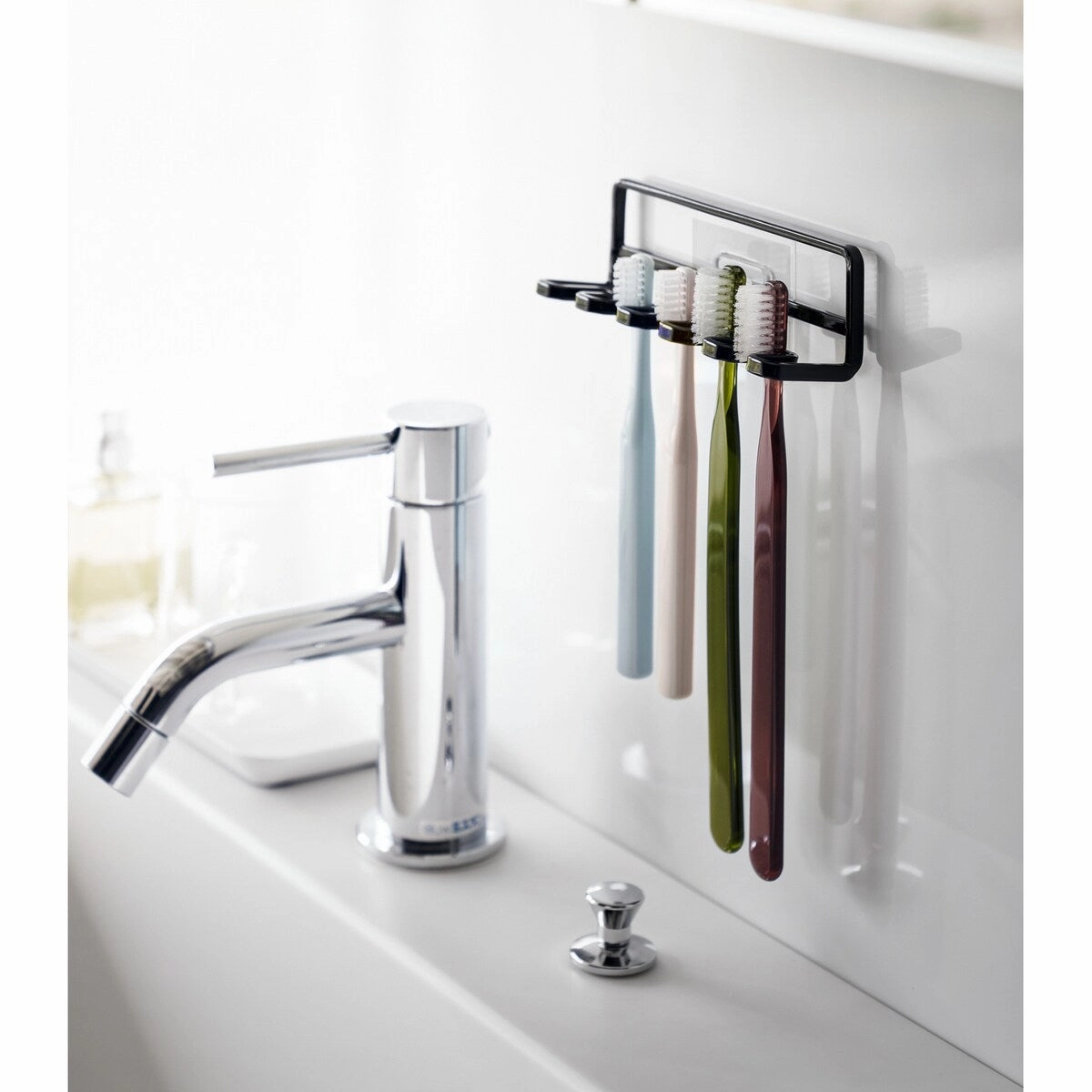 Yamazaki Home Traceless Adhesive Toothbrush Holder, Steel, Holds 0.55 lbs - L 1.38 x W 4.92 x H 1.57 inches