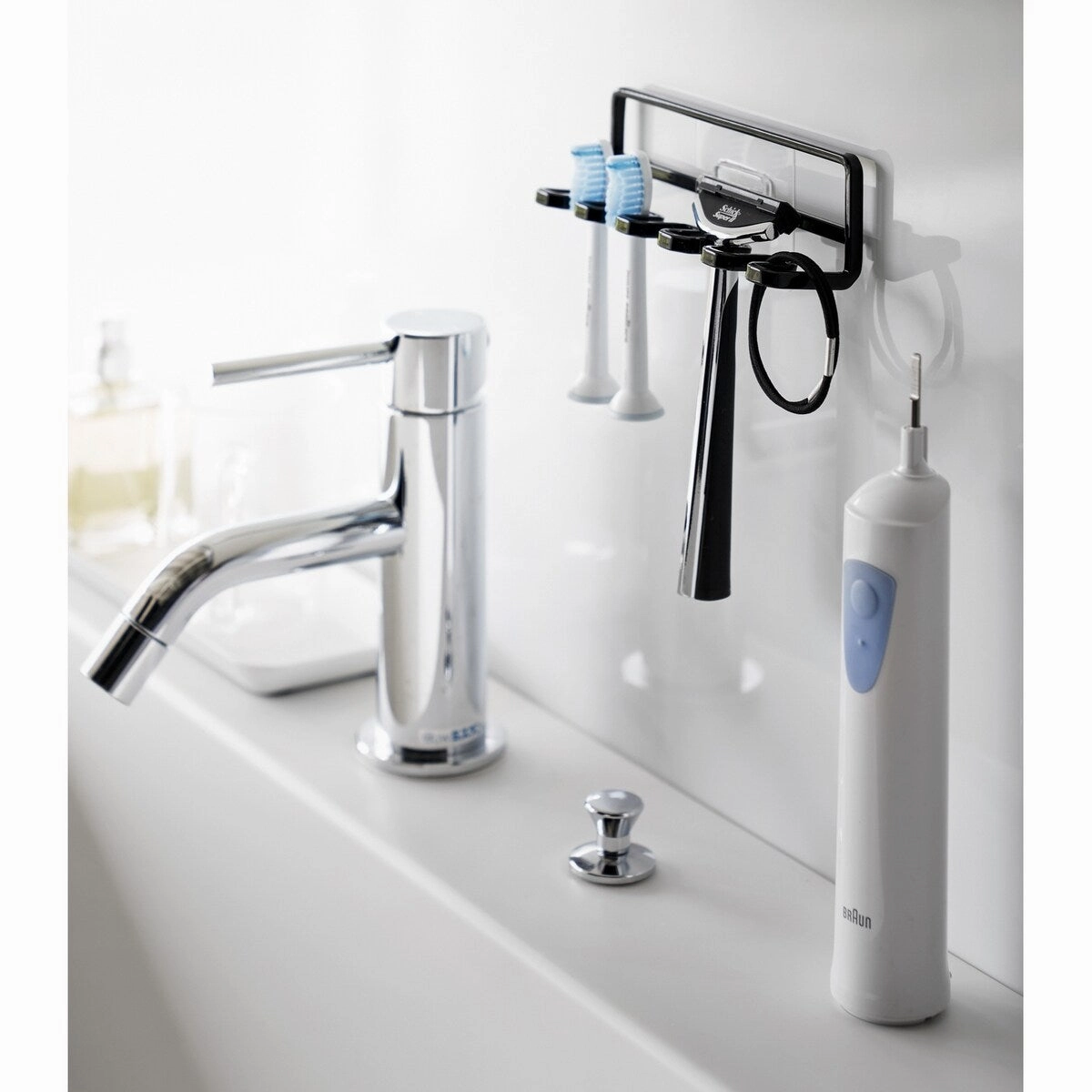 Yamazaki Home Traceless Adhesive Toothbrush Holder, Steel, Holds 0.55 lbs - L 1.38 x W 4.92 x H 1.57 inches