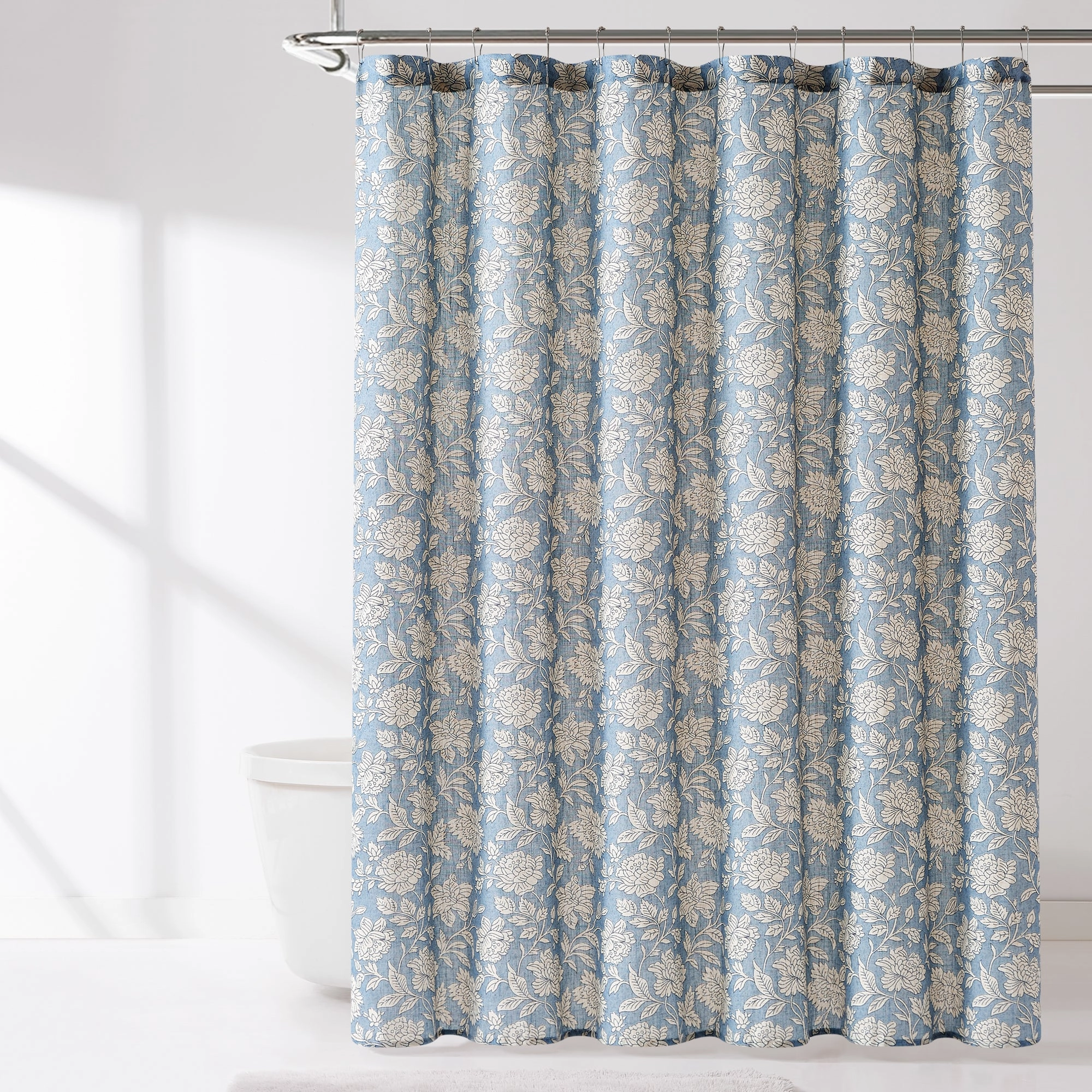 Zara Floral Block Linen Textured Shower Curtain shower curtain,bath curtain,bathroom decor